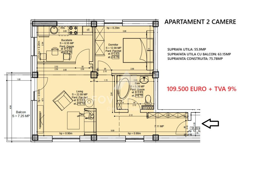 Apartamente cu 2 camere cu terasa, lift, langa parc 1 Mai