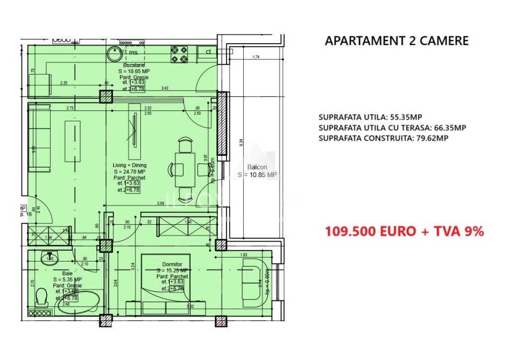 Apartamente cu 2 camere cu terasa, lift, langa parc 1 Mai