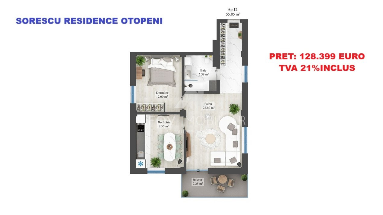 Apartamente cu 2 camere cu terasa, lift, langa parc 1 Mai