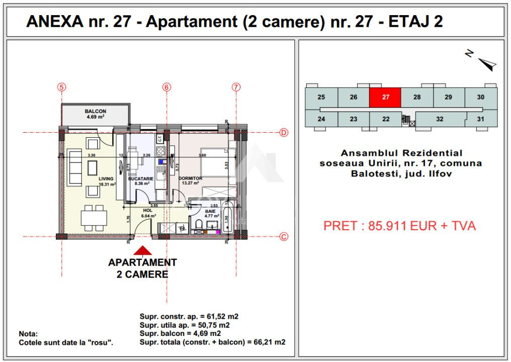Apartamente 2 camere, Unirii apartment's Balotesti, lift, parcare