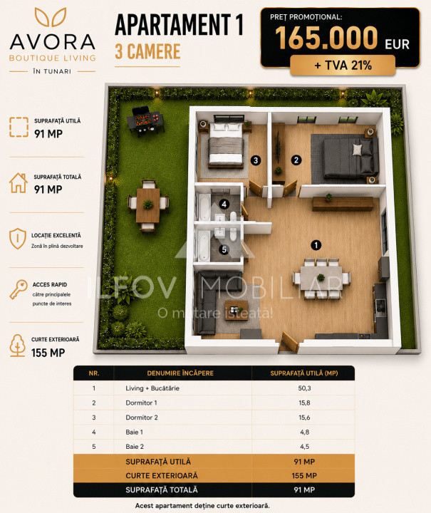 Avora Boutique Tunari, apartament 3 camere, langa Cosmopolis 