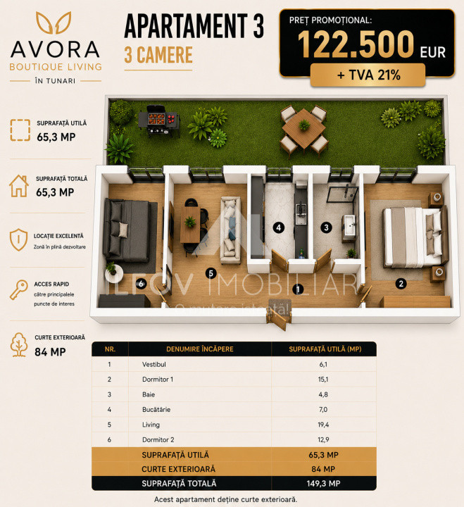Avora Boutique Tunari, apartament 3 camere, langa Cosmopolis 