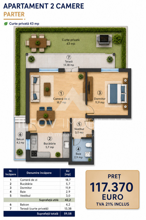 Apartament 2 camere cu gradina Otopeni, bloc arhitectura unica