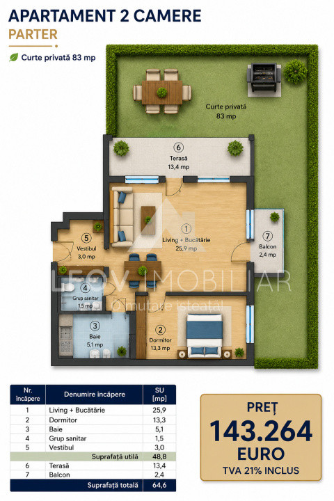 Apartament 2 camere cu gradina Otopeni, bloc arhitectura unica
