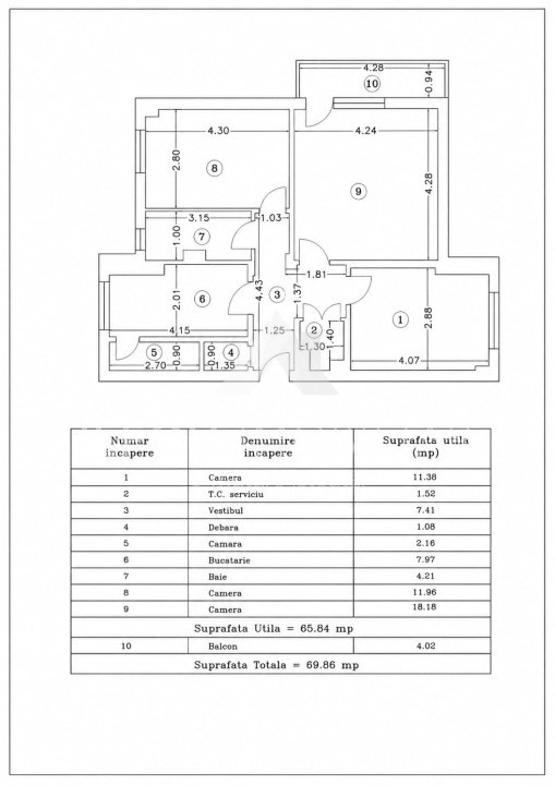 Apartament 3 camere Tei decomandat, 65,84mp utili, 2 bai, et 2/8 bloc 1988